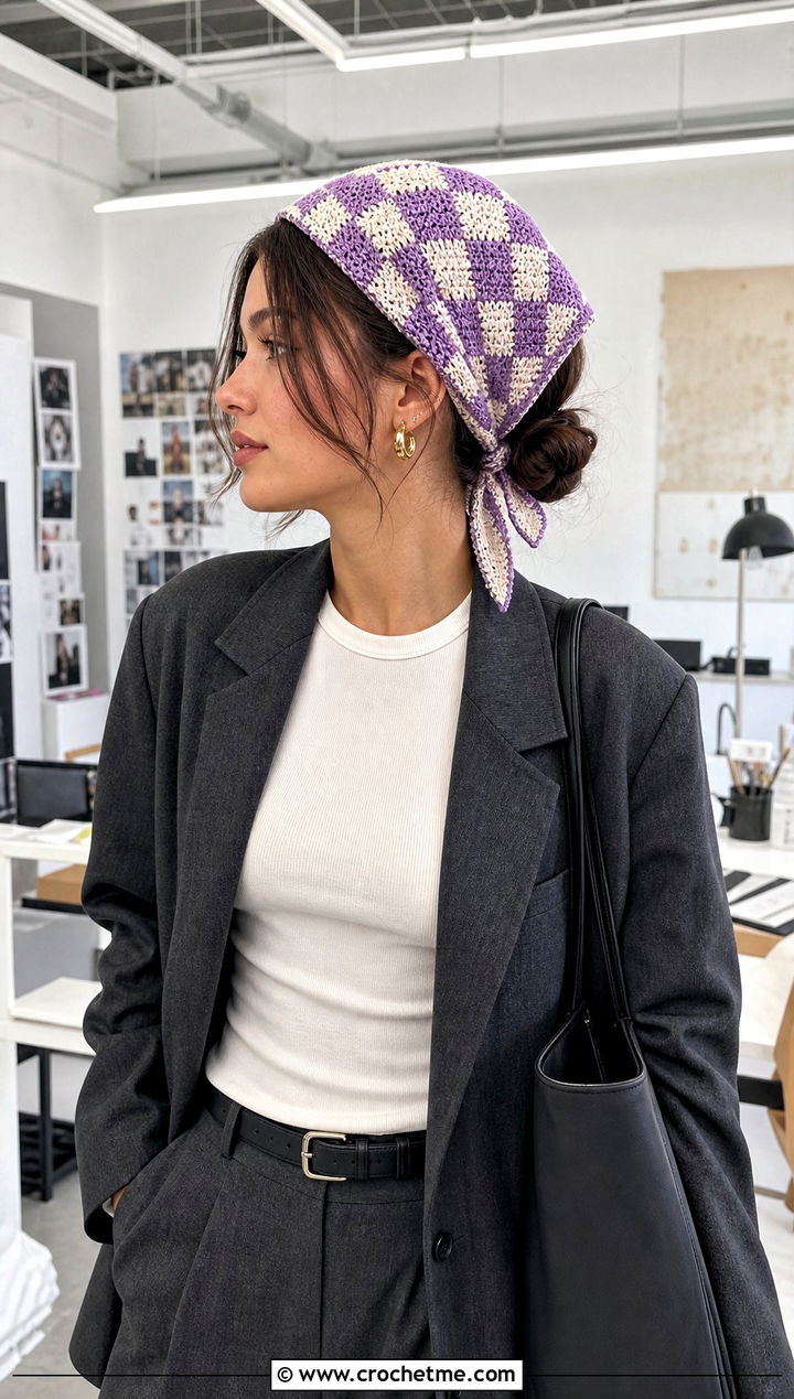 Checkered Triangle Crochet Hair Scarf With Blazer - 15 Crochet Hair Scarf Ideas