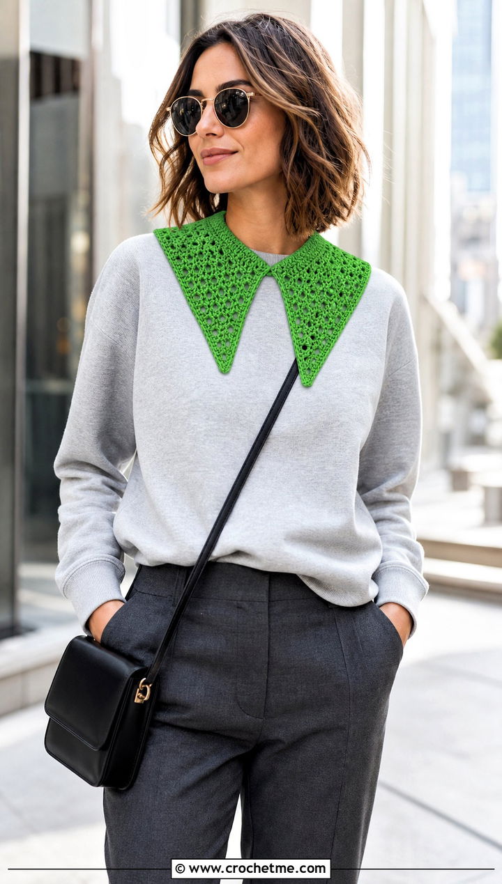 Chelsea Crochet Collar With Sweatshirt And Tailored Pants - 15 Vintage Crochet Collar Design outfit ideas