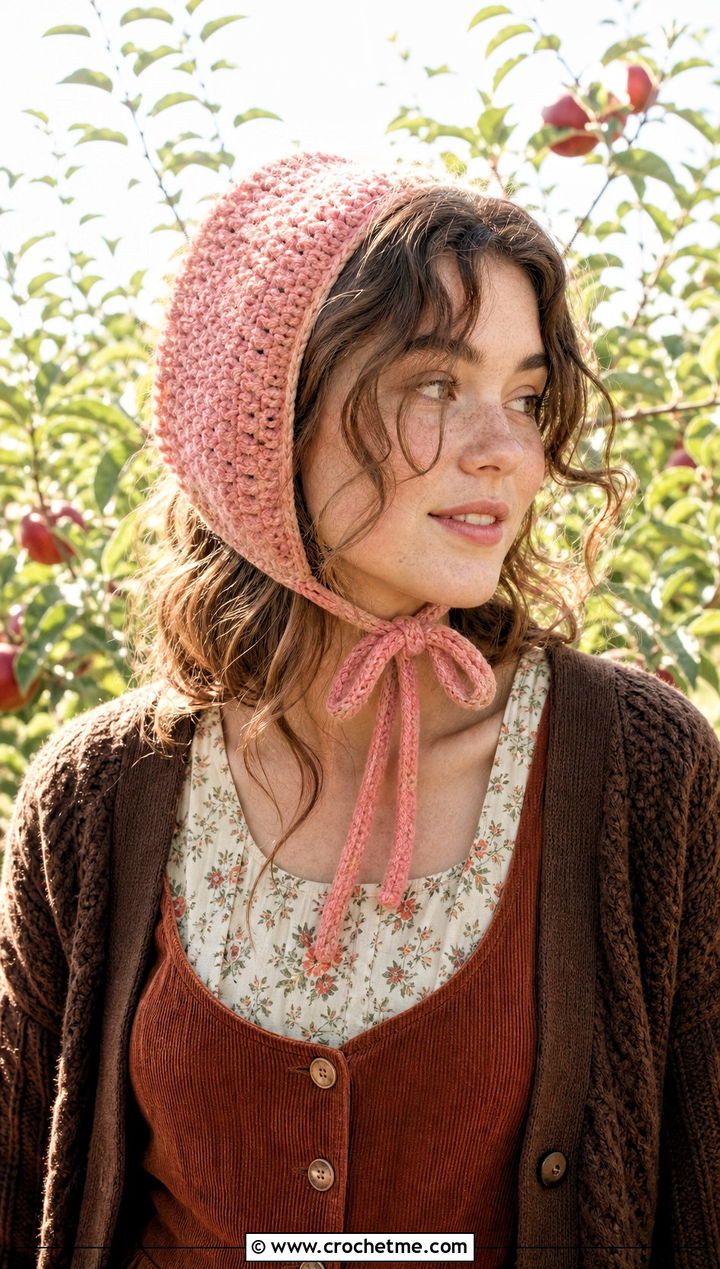 Chenille Bonnet Hat With Cottagecore Dress - 30 crochet chenille hat outfit ideas