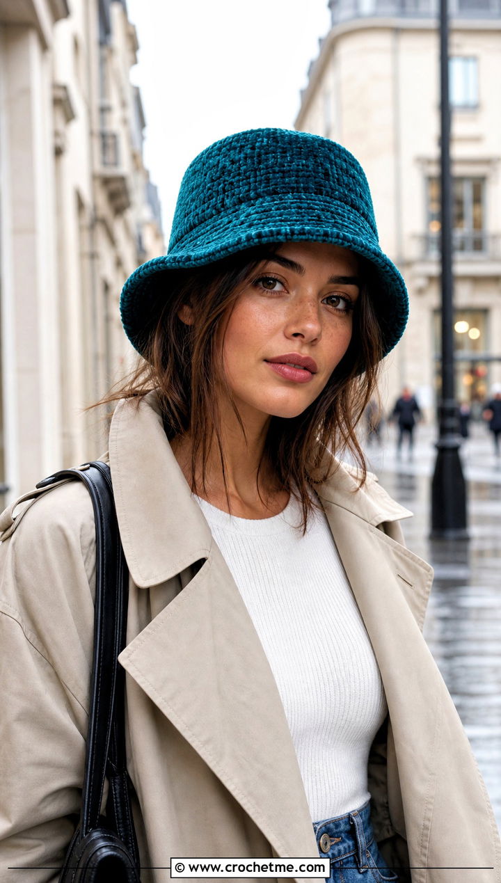 Chenille Bucket Hat With Trench Coat - 30 crochet chenille hat outfit ideas
