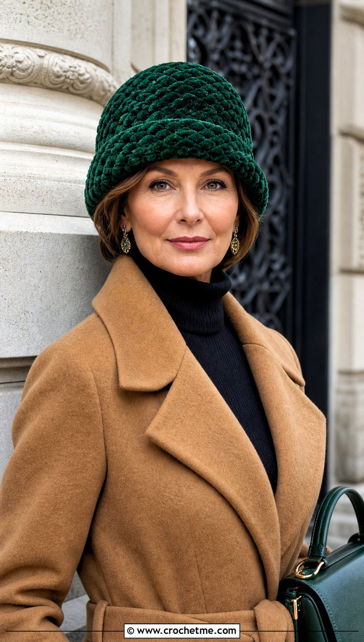 Chenille Cloche Hat With Belted Coat - 30 crochet chenille hat outfit ideas