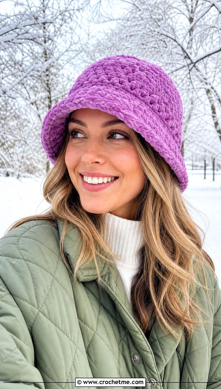 Chenille Crochet Bucket Hat With Quilted Coat - 35 crochet winter bucket hat outfit ideas