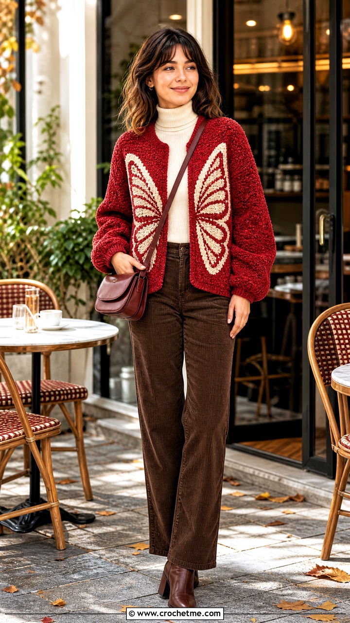 Chenille Crochet Butterfly Cardigan With Corduroy Pants - 35 crochet butterfly cardigan outfit ideas