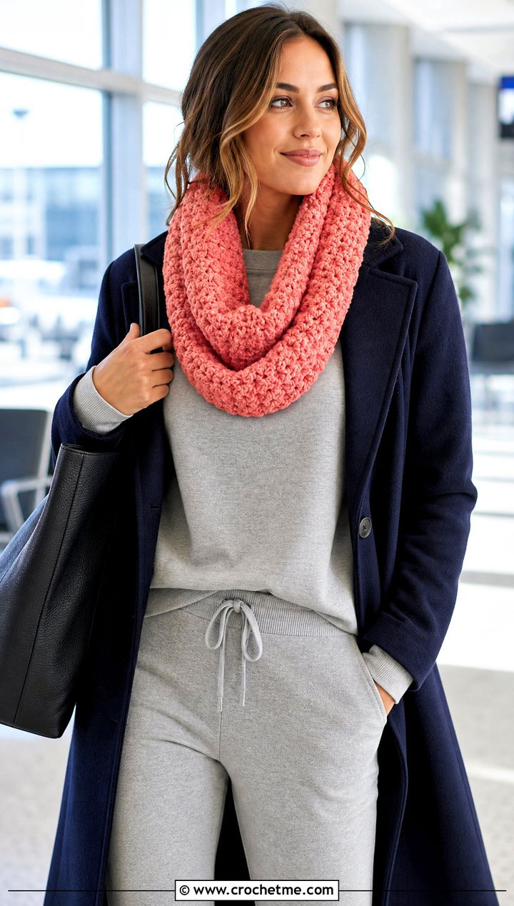 Chenille Crochet Infinity Scarf With Matching Lounge Set - 30 easy crochet infinity scarf outfit ideas