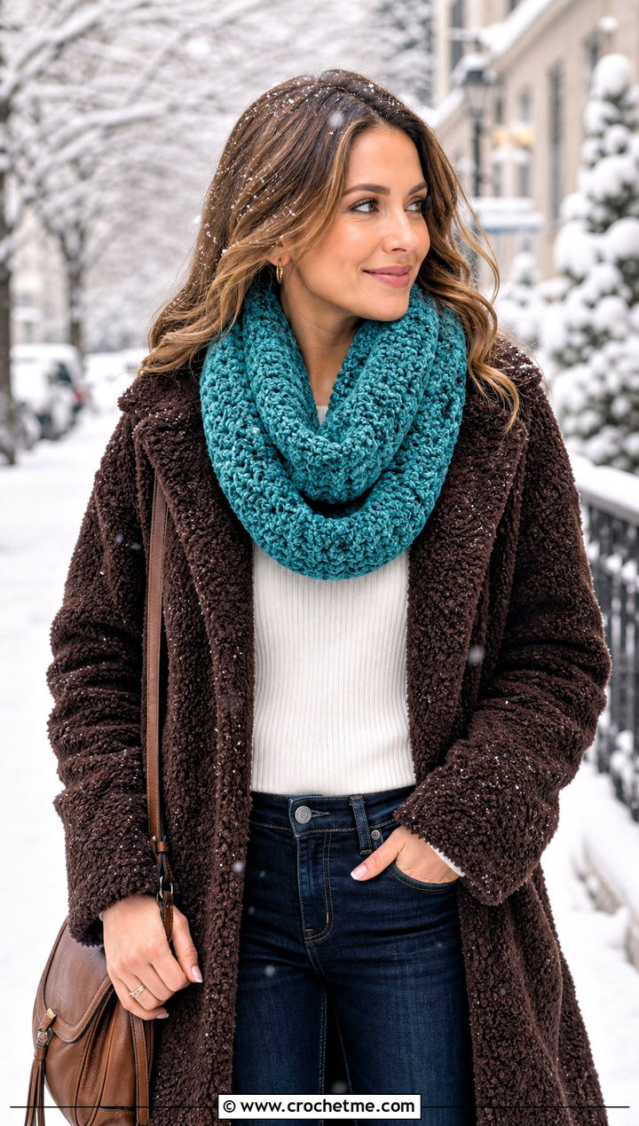 Chenille Crochet Infinity Scarf With Teddy Coat - 25 infinite crochet scarf outfit ideas
