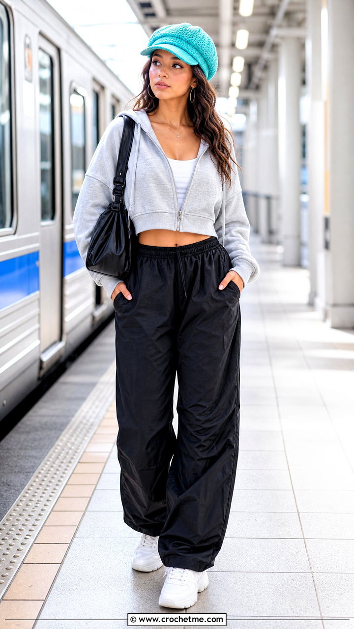 Chenille Crochet Newsboy Hat With Hoodie And Parachute Pants - 35 crochet newsboy hat outfit ideas