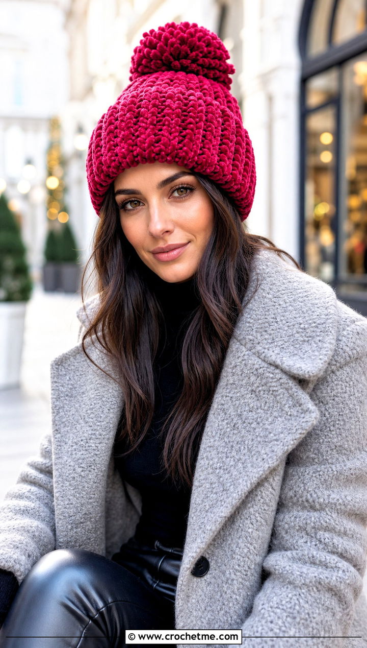 Chenille Crochet Pom Pom Beanie With Boucle Coat - 30 crochet beanie with pom pom outfit ideas