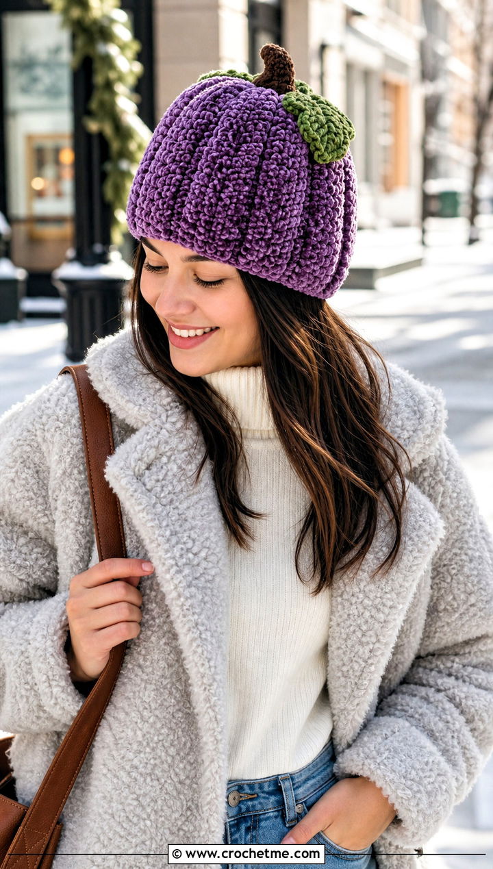Chenille Crochet Pumpkin Beanie With Teddy Coat - 30 crochet pumpkin beanie outfit ideas