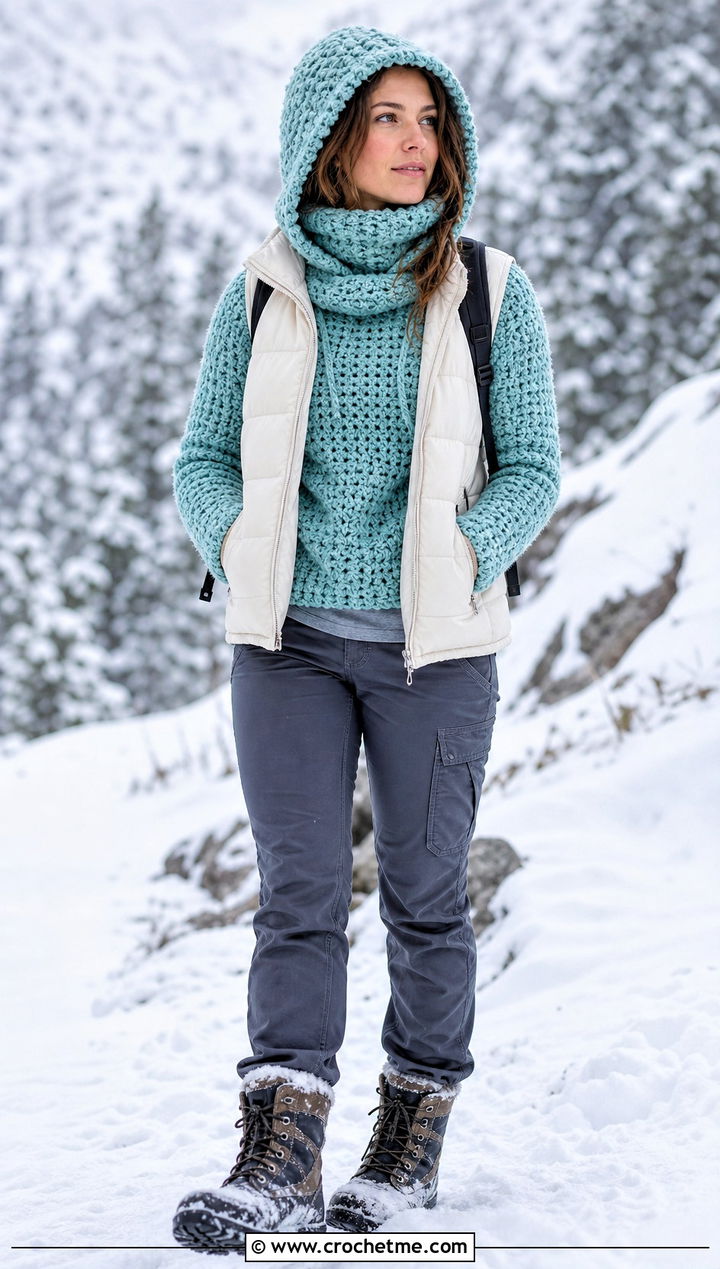 Chenille Crochet Turtleneck Hoodie With Puffer Vest - 35 crochet turtleneck hoodie outfit ideas