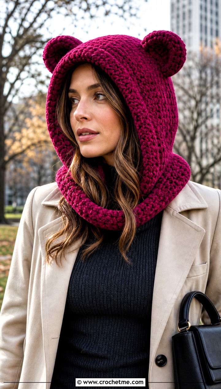 Chenille Finn Crochet Hood With Knit Dress And Trench Coat - 15 Adventure Time Crochet Fin Hat outfit ideas