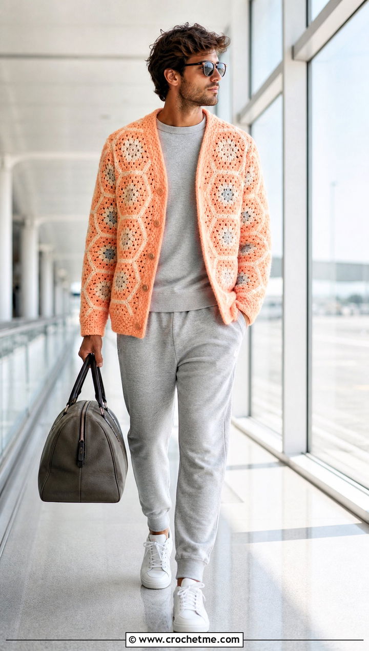 Chenille Hexagon Crochet Cardigan With Matching Sweat Set - 35 men hexagon crochet cardigan outfit ideas