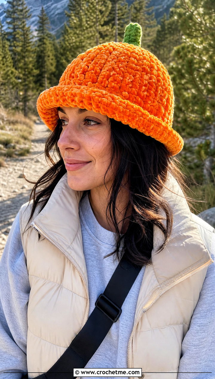 Chenille Pumpkin Bucket Hat With Puffer Vest - 30 crochet pumpkin bucket hat outfit ideas