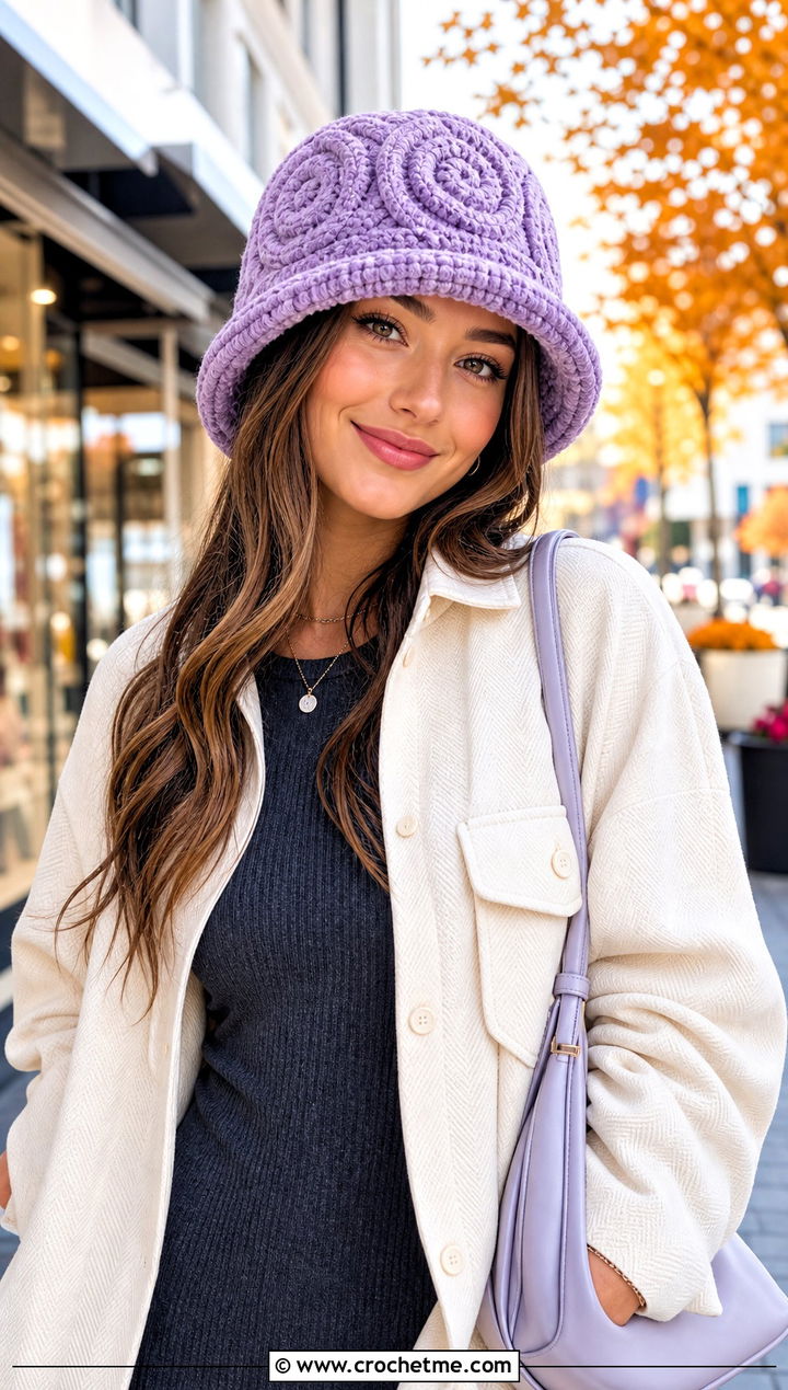 Chenille Swirl Crochet Bucket Hat With Shacket And Knit Dress - 30 crochet swirl hat outfit ideas