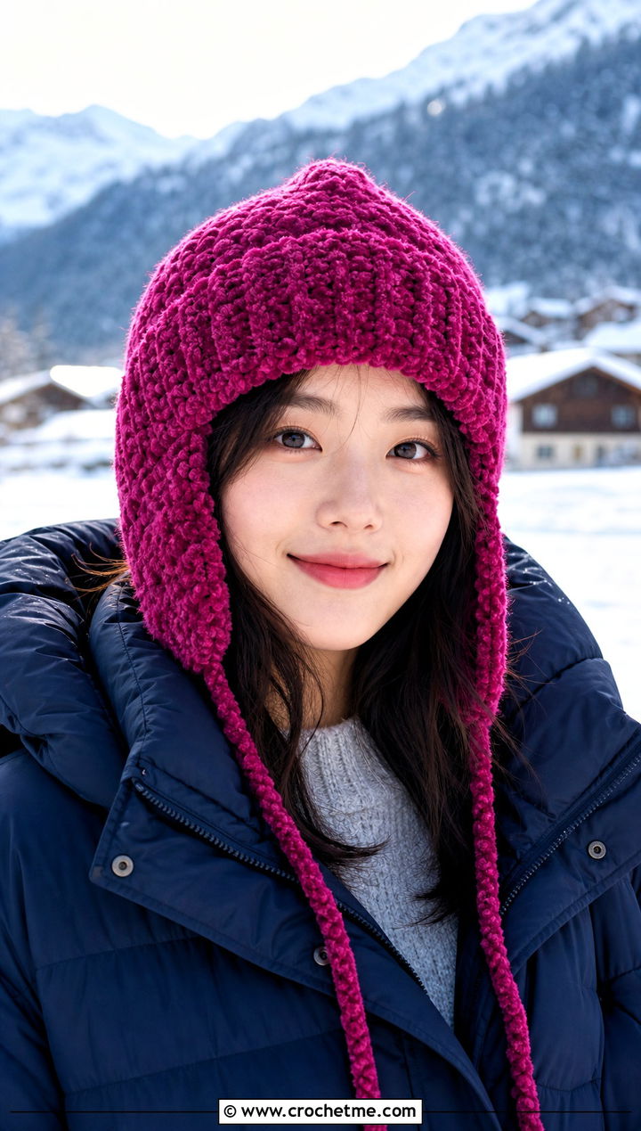 Chenille Trapper Hat With Long Puffer Coat - 30 crochet chenille hat outfit ideas