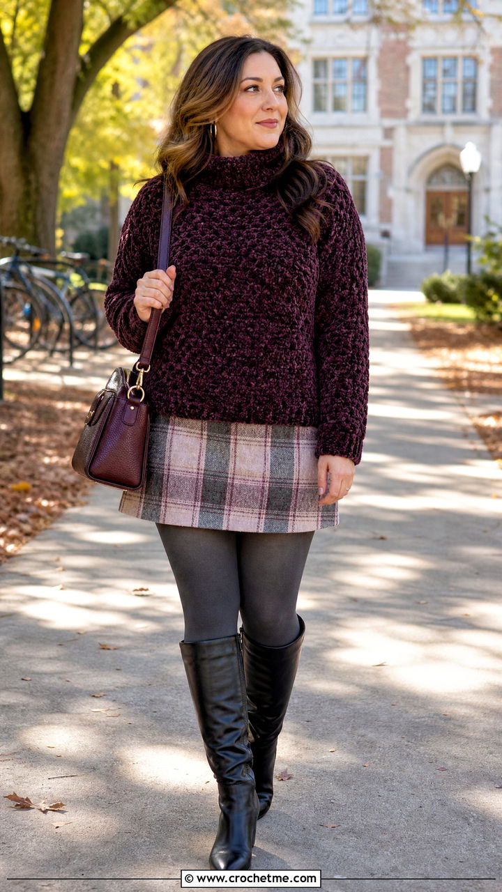 Chenille Turtleneck Crochet Fluffy Sweater With Plaid Mini Skirt - 35 crochet fluffy sweater outfit ideas