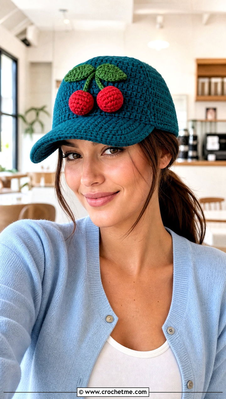 Cherry Amigurumi Baseball Cap With Cardigan And Jeans - 25 amigurumi baseball cap outfit ideas