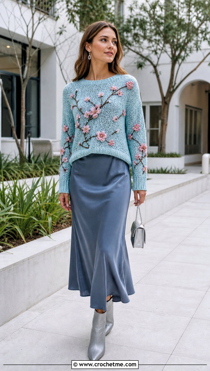 Cherry Blossom Crochet Sweater Over A Slip Dress - 35 crochet sweater with flowers outfit ideas