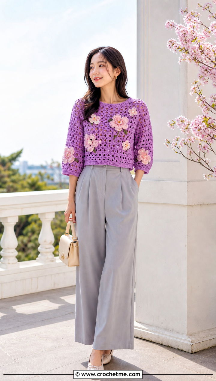 Cherry Blossom Crochet Sweater With Wide Leg Pants - 30 flower crochet sweater outfit ideas