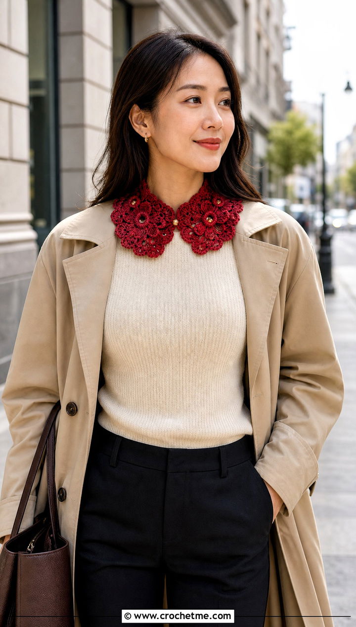 Cherry Blossom Mandarin Collar With Trench Coat - 15 handmade floral crochet collar outfit ideas