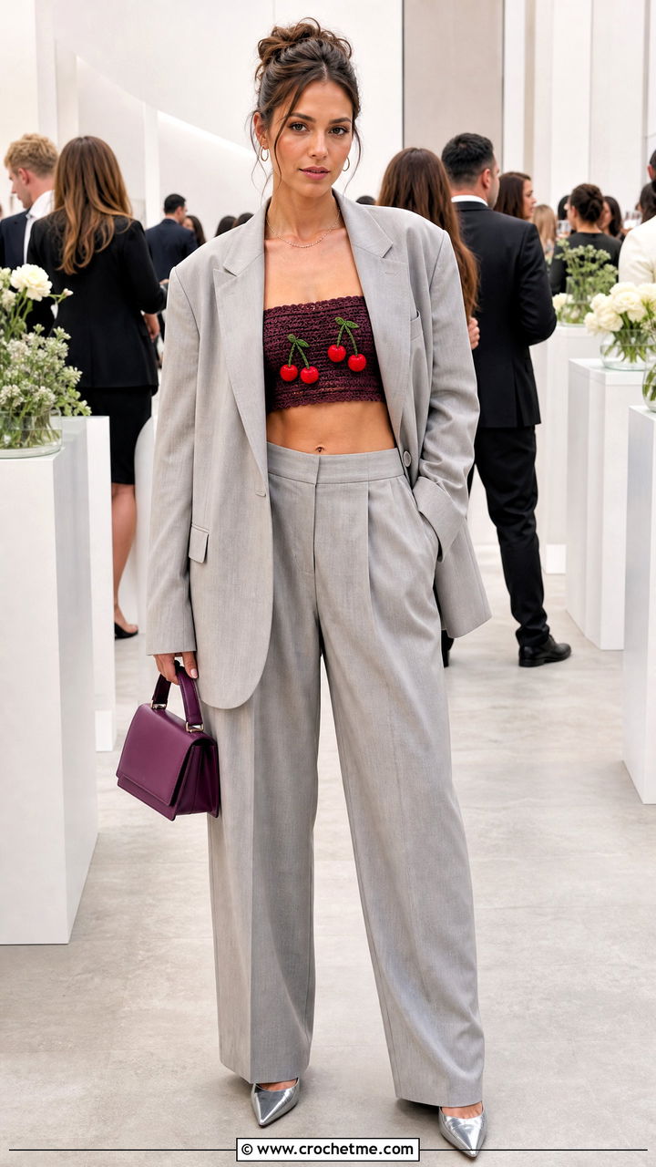 Cherry Crochet Bandeau Top With Oversized Suit - 35 crochet cherry top outfit ideas