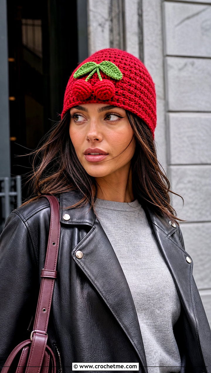 Cherry Crochet Beanie With Black Leather Jacket - 30 crochet fruit beanie outfit ideas