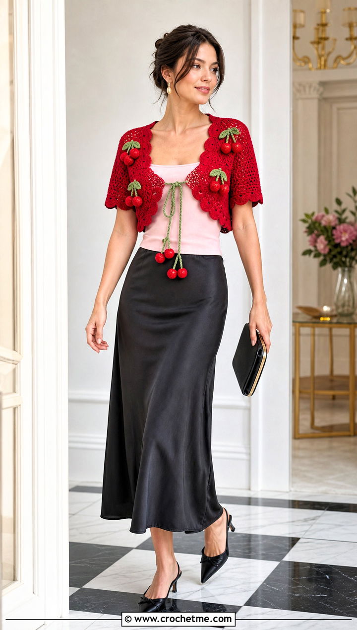 Cherry Crochet Bolero With Satin Slip Skirt - 20 Funny Crochet Clothes and outfit ideas