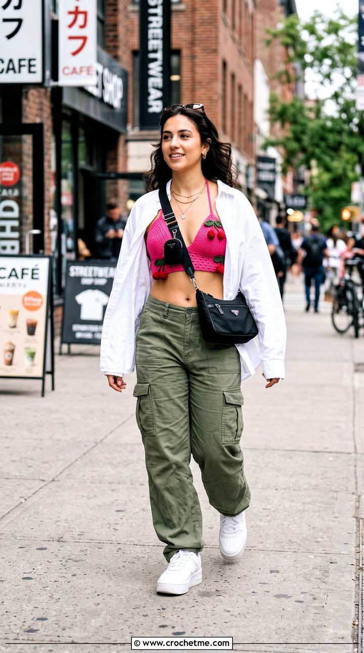 Cherry Crochet Bralette With Cargo Pants - 35 crochet cherry top outfit ideas