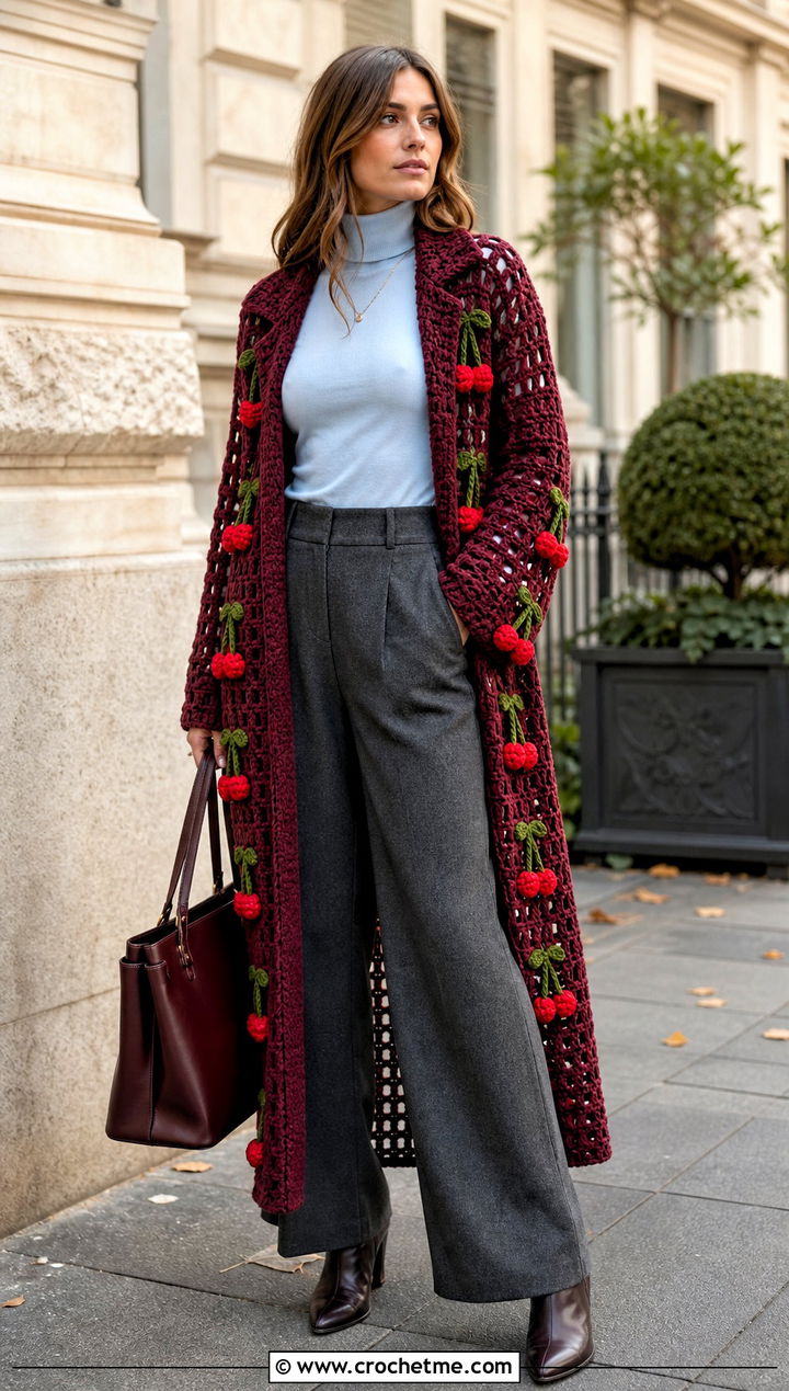 Cherry Crochet Cardigan Coat With Wool Trousers - 30 cherry crochet cardigan outfit ideas