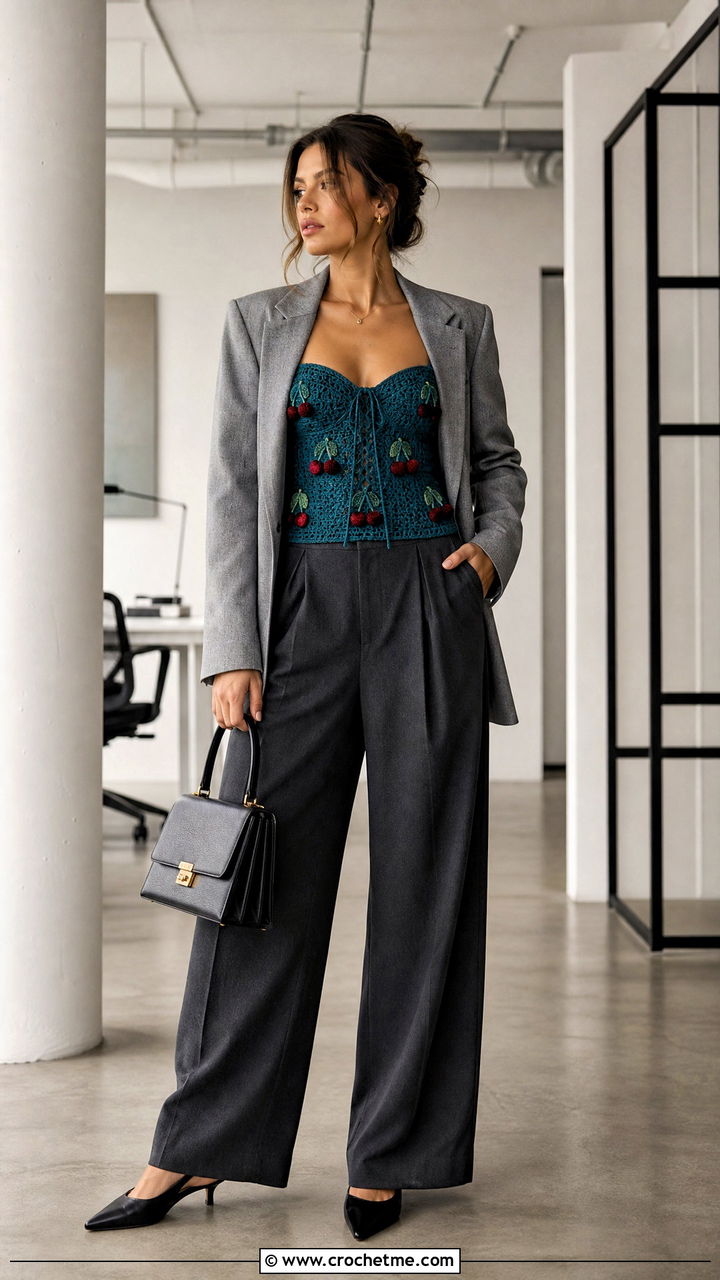 Cherry Crochet Corset Top With Tailored Trousers - 35 crochet cherry top outfit ideas