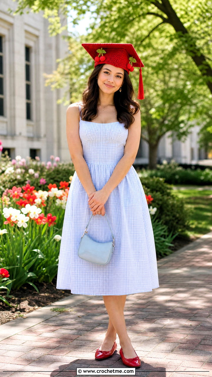 Cherry Crochet Graduation Cap With Gingham Dress - 35 crochet graduation cap outfit ideas