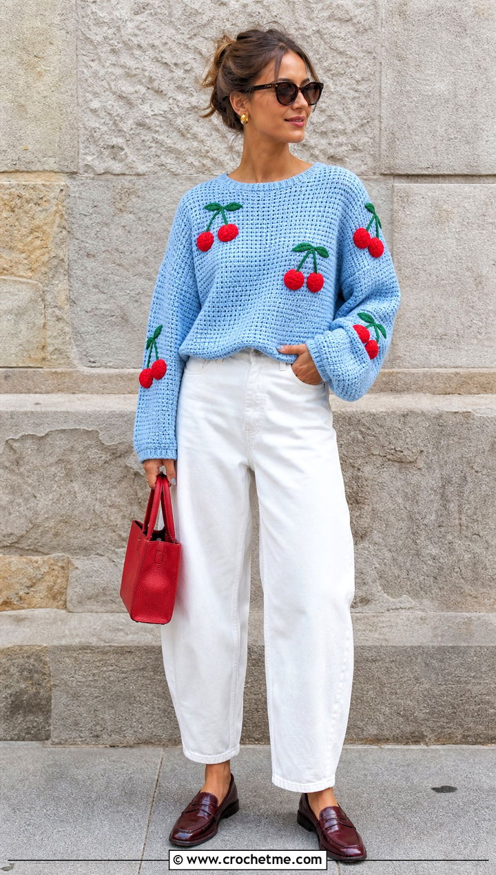 Cherry Crochet Graph Sweater With White Barrel Jeans - 30 crochet graph sweater outfit ideas