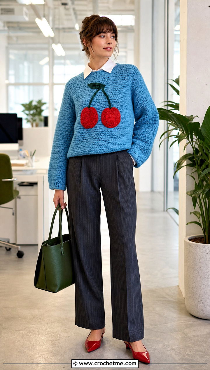 Cherry Crochet Mabel Pines Sweater With Pinstripe Pants - 30 crochet mabel pines sweater outfit ideas