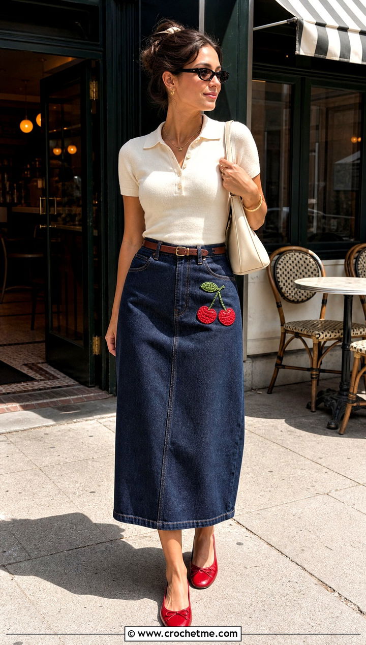 Cherry Crochet Patch Denim Skirt Outfit - 30 crochet patches on clothes and outfit ideas