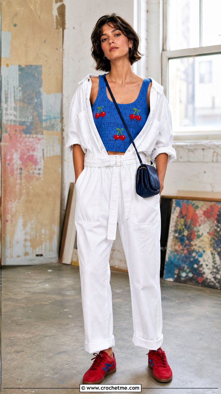 Cherry Crochet Tank Top With Boiler Suit - 35 crochet cherry top outfit ideas