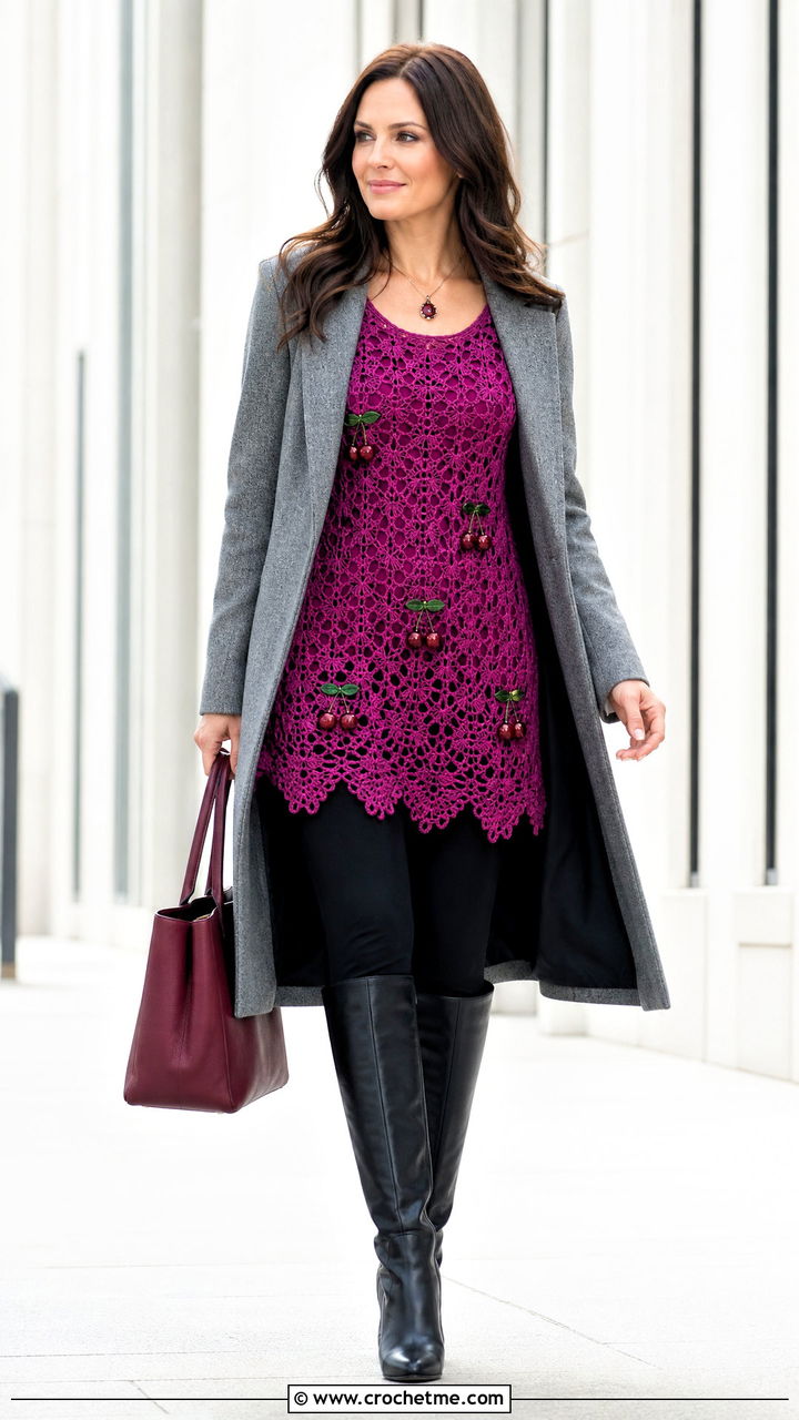 Cherry Crochet Tunic Top With Leggings - 35 crochet cherry top outfit ideas