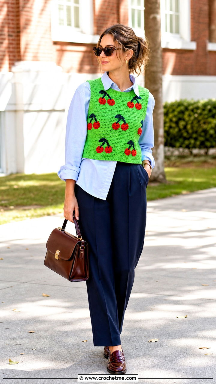 Cherry Crochet Vest Top With Pleated Trousers - 35 crochet cherry top outfit ideas
