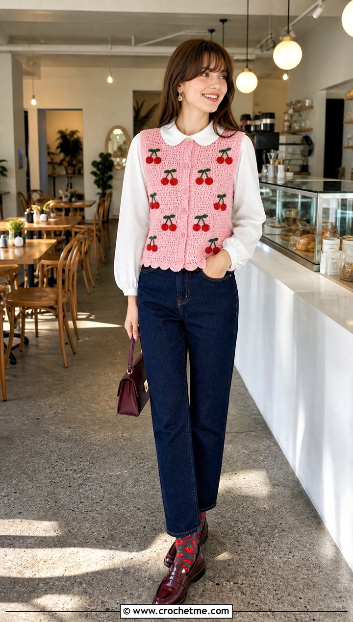 Cherry Crochet Vest With Collared Blouse And Jeans - 35 Kawaii Crochet Clothes and outfit ideas