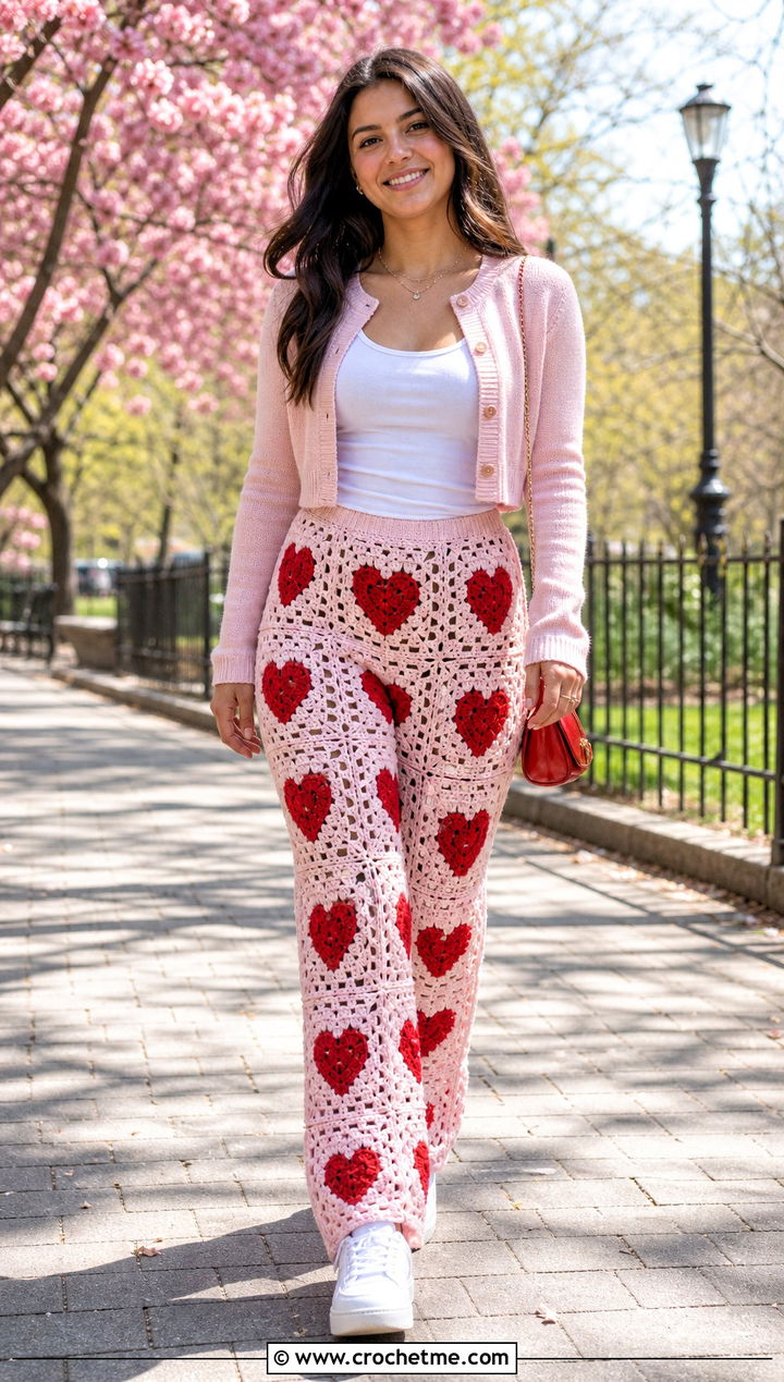 Cherry Heart Granny Square Pants With Blush Cardigan - 30 heart granny square pants outfit ideas