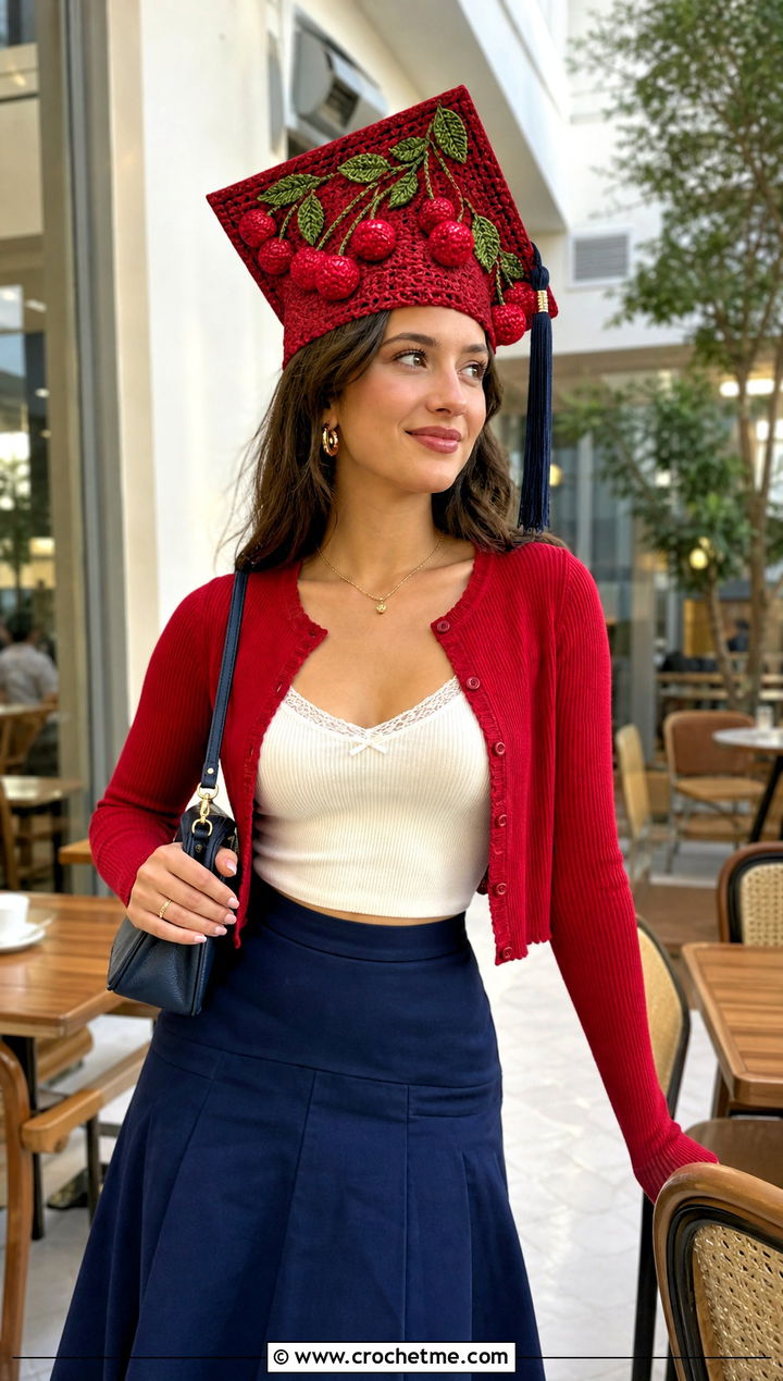 Cherry Motif Crochet Graduation Cap Cover With Red Cardigan Outfit - 30 crochet graduation cap cover outfit ideas