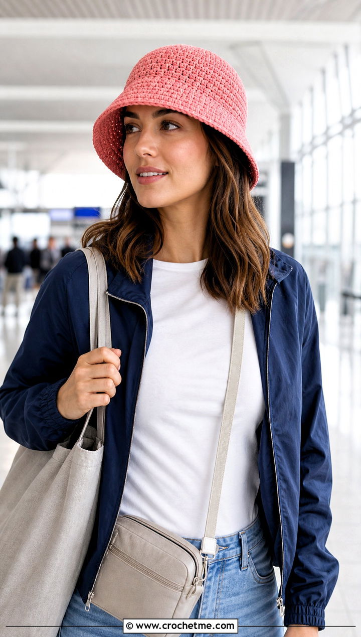 Cherry Pink Packable Crochet Bucket Hat With Airport Outfit - 15 pink crochet bucket hat outfit ideas