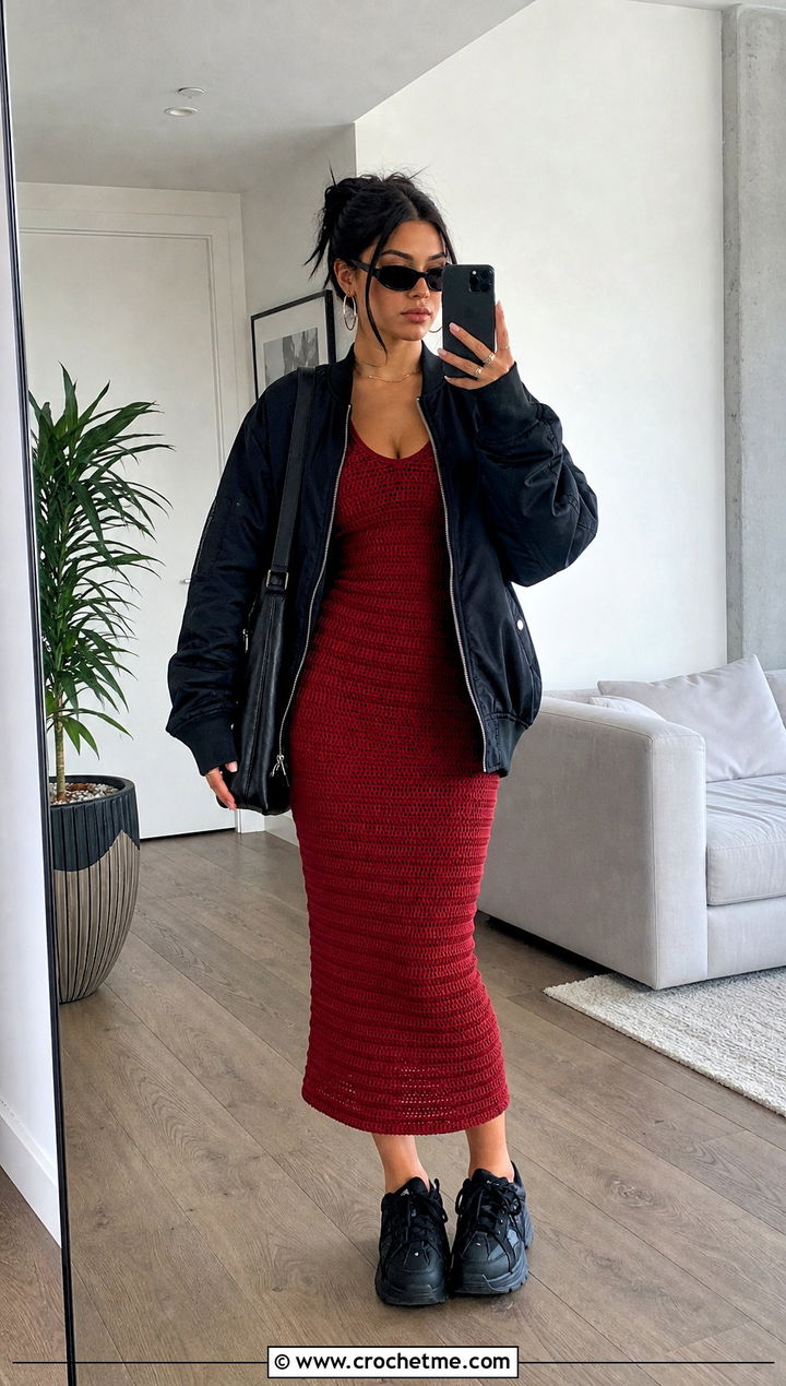 Cherry Red Bodycon Crochet Dress With Bomber Jacket - 15 goth crochet dress outfit ideas