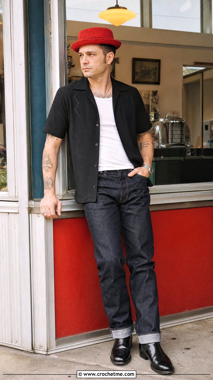 Cherry Red Crochet Pork Pie Hat With Rockabilly Outfit - 35 mens crochet hats outfit ideas