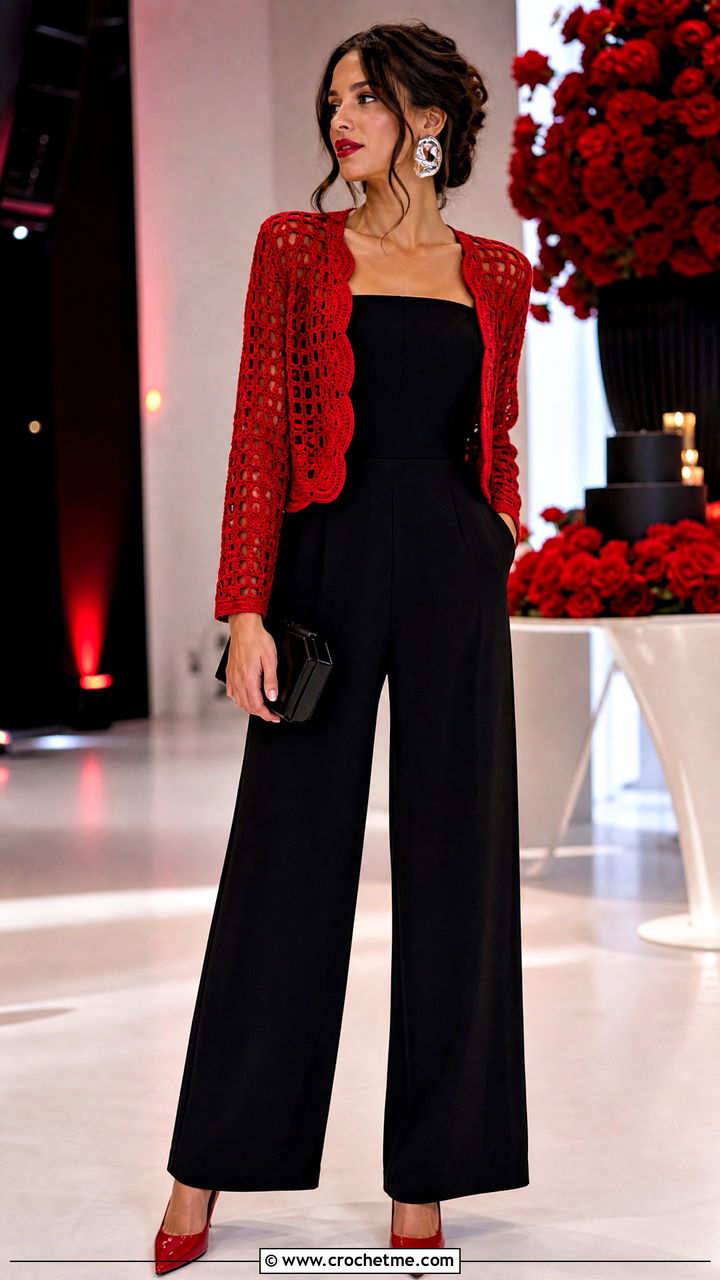 Cherry Red Crochet Shrug With Black Jumpsuit - 35 crochet birthday outfit ideas