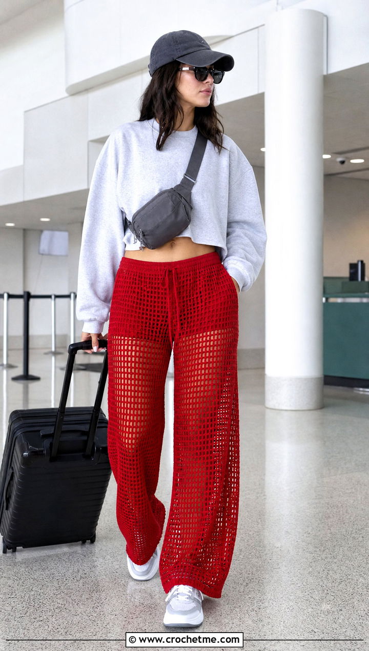 Cherry Red Filet Crochet Wrap Pants With Gray Sweatshirt - 15 crochet wrap around pants outfit ideas