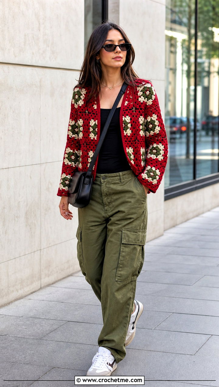 Cherry Red Granny Square Crochet Sweater With Cargo Pants - 15 Red Crocheted Sweater Close-Up outfit ideas