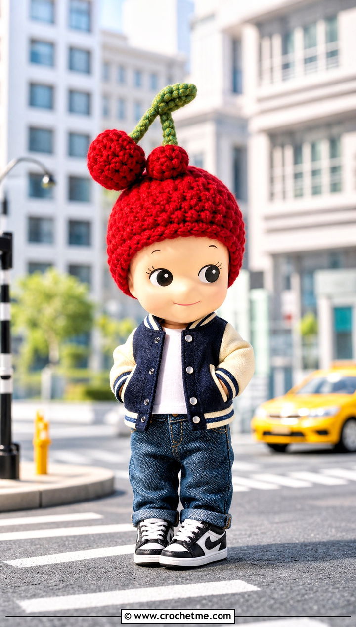 Cherry Sonny Angel Crochet Hat With Varsity Jacket - 30 sonny angel crochet hat outfit ideas