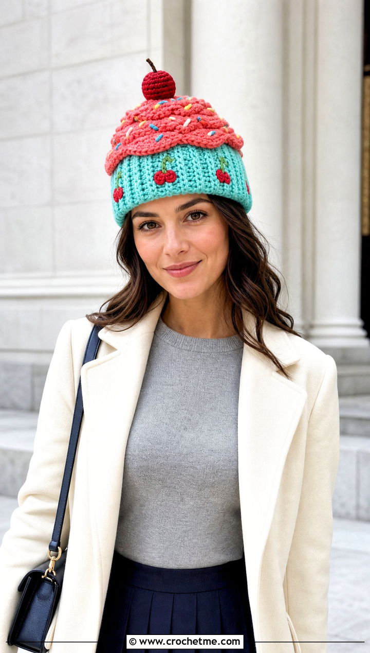 Cherry Sprinkle Crochet Cupcake Hat With Pleated Skirt - 30 crochet cupcake hat outfit ideas