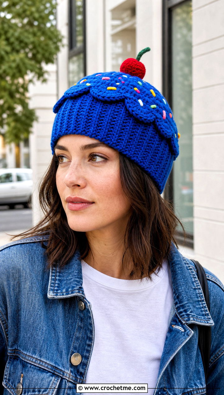 Cherry Top Crochet Cupcake Beanie With Denim Jacket - 15 Crochet Cupcake Beanie outfit ideas