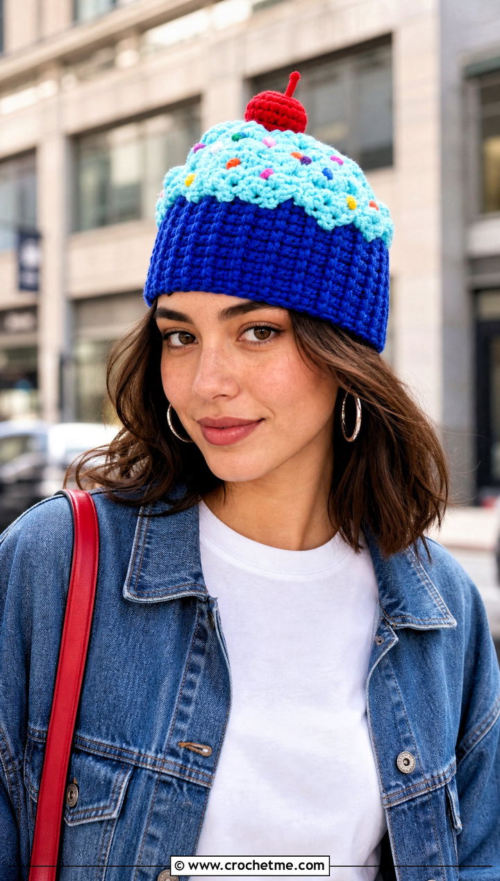 Cherry Top Crochet Cupcake Hat With Denim Jacket - 30 crochet cupcake hat outfit ideas