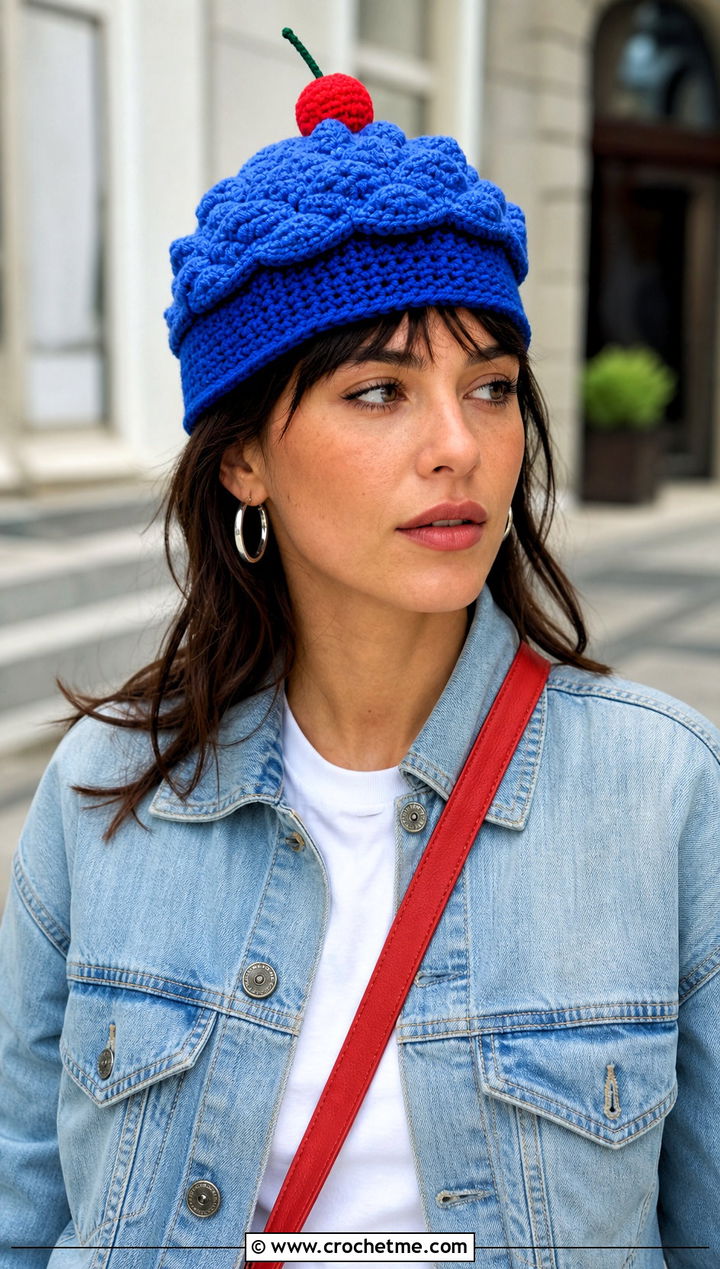 Cherry Top Cupcake Crochet Hat With Denim Jacket - 25 cupcake crochet hat outfit ideas